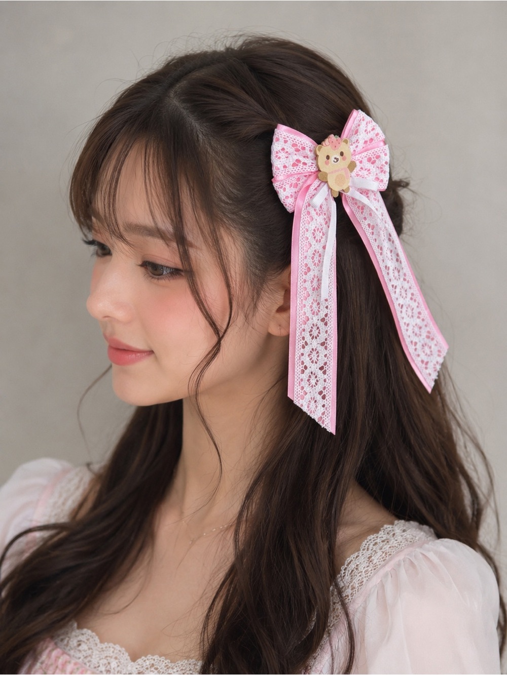 Pink Lace Ribbon Hair Bow with Bear Accent